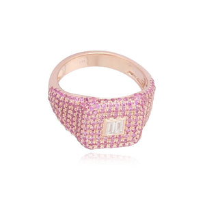 Pink Sapphire With Baguette Signet Ring